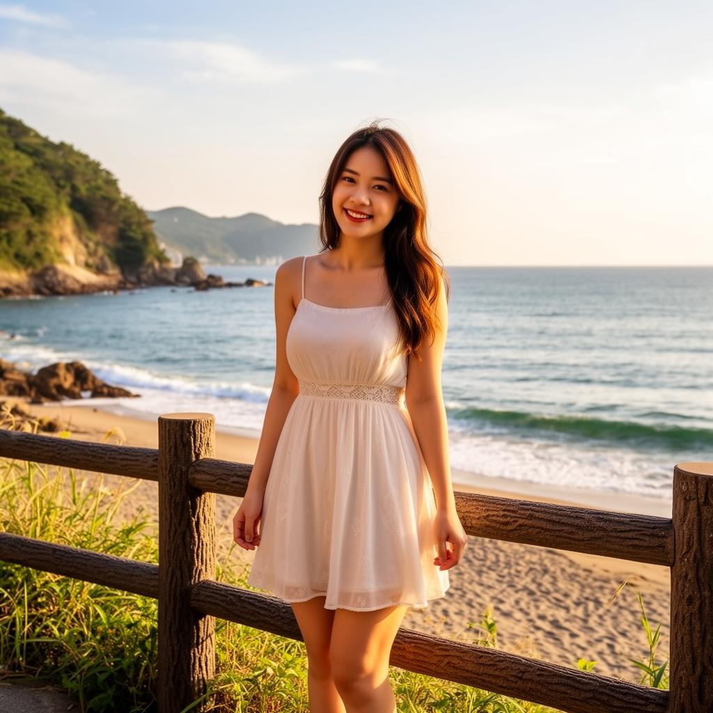 Travel blogger sitting on beach with notebook